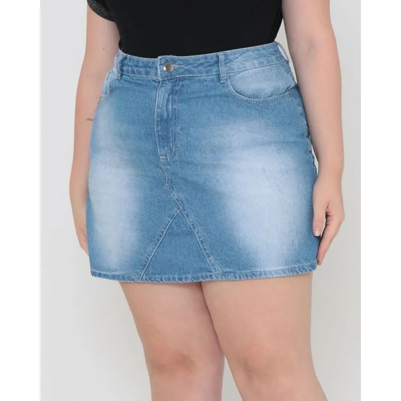 Saia Jeans Plus Size Recortes Azul Claro 50