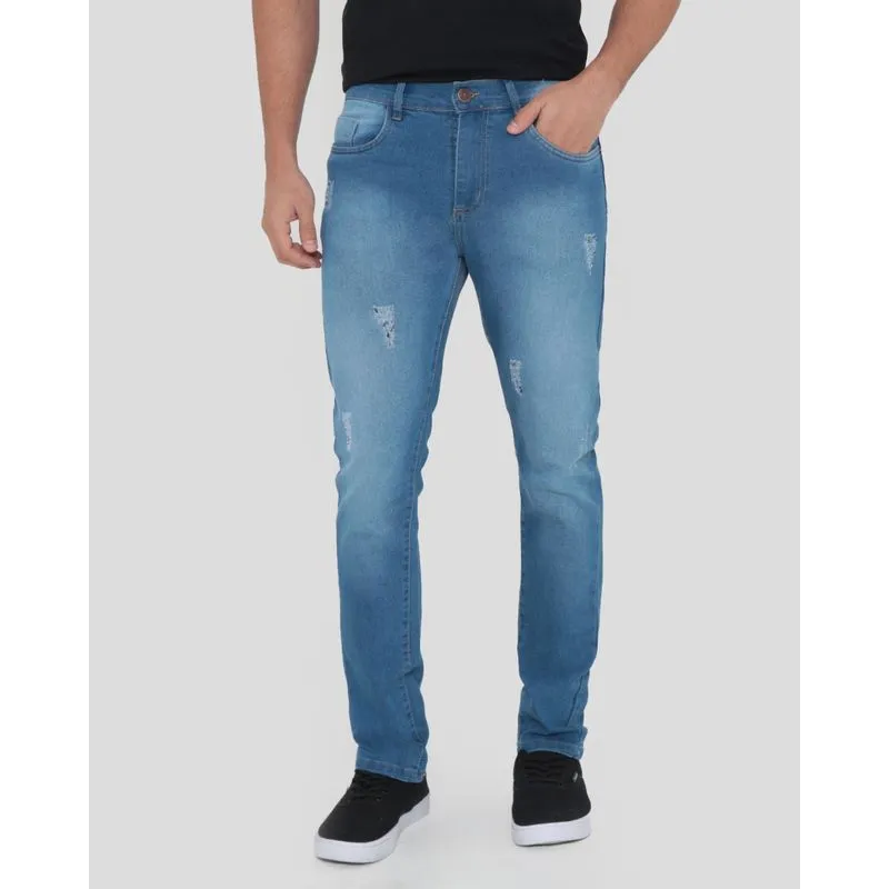 Calça Jeans Masculina Slim Com Puídos Azul 40