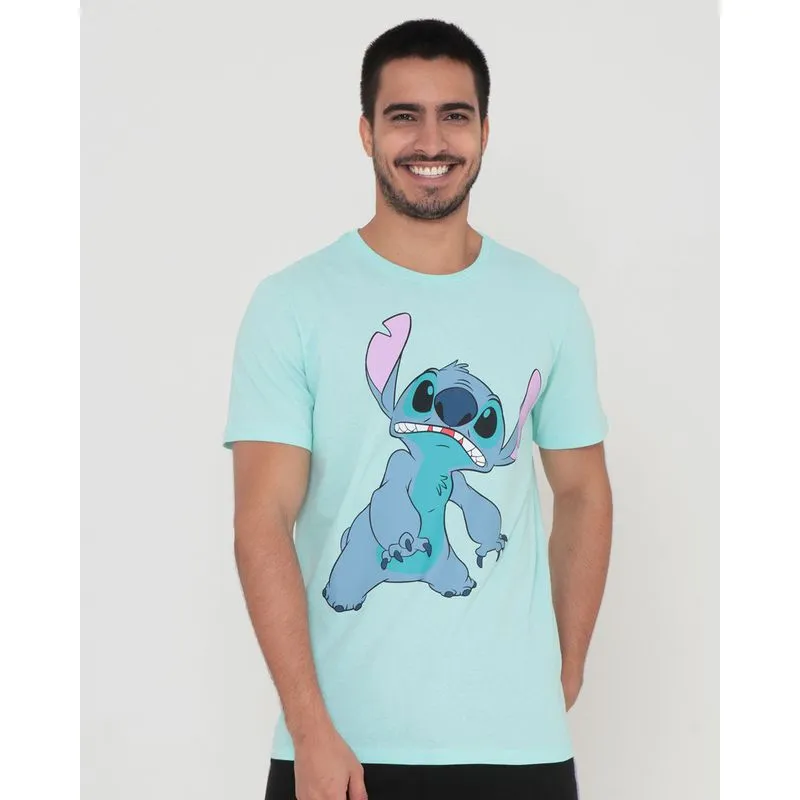 Camiseta Masculina Algodão Disney Stitch Manga Curta Verde G
