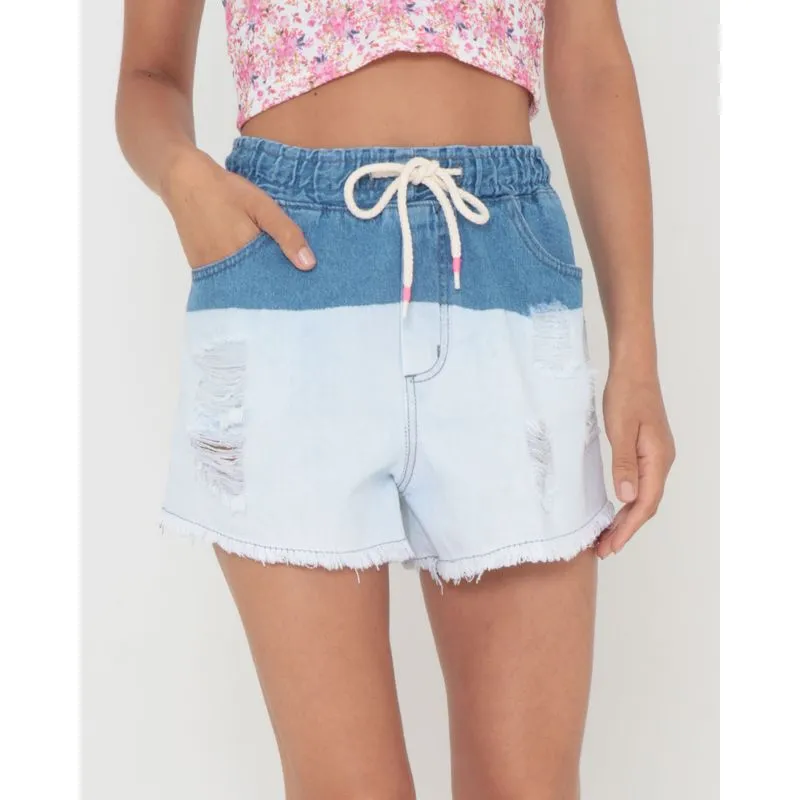 Short Jeans Feminino Com Elástico Destroyed Azul Claro 38