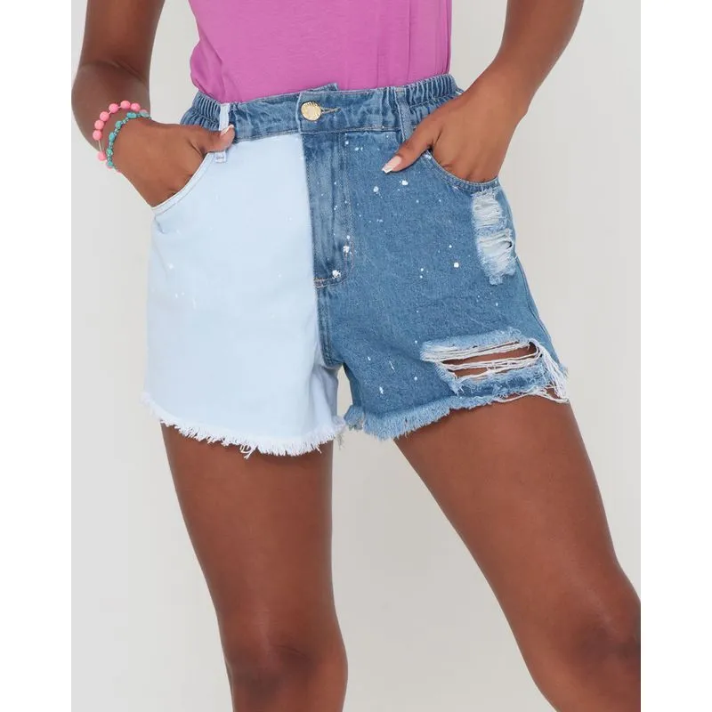Short Jeans Feminino Com Elástico Destroyed Azul 38