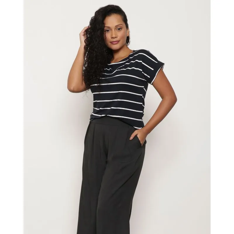 Blusa Feminina Básica Listrada Manga Curta Preta 11221000893138UN