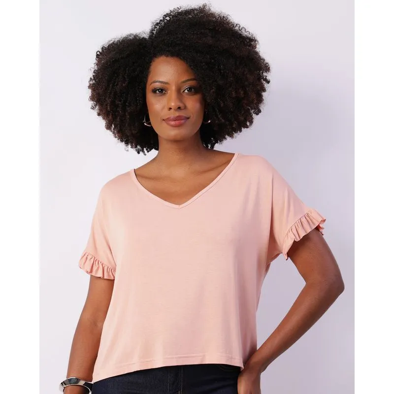 Blusa Feminina Manga Curta Com Babados Rosa Claro G