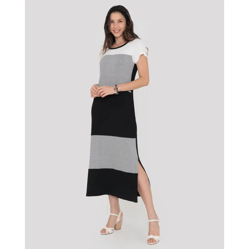 Vestido Midi Com Recortes Tricolor Preto G