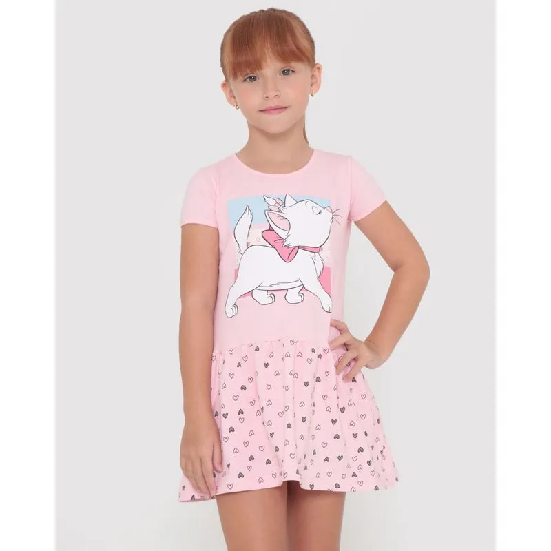 Vestido Infantil Estampa Gata Marie Disney Rosa Claro 8