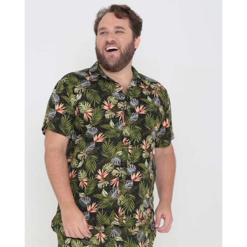 Camisa Masculina Plus Size Estampa Tropical Verde G2