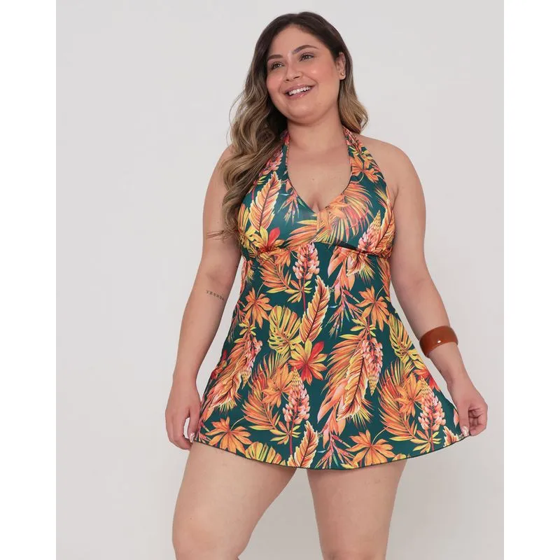Maiô Vestido Plus Size Estampa Floral Verde 52