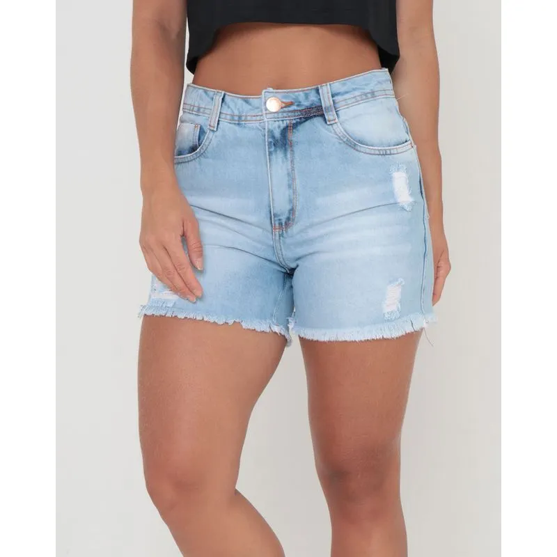 Short Jeans Feminino Destroyed Azul Claro 42