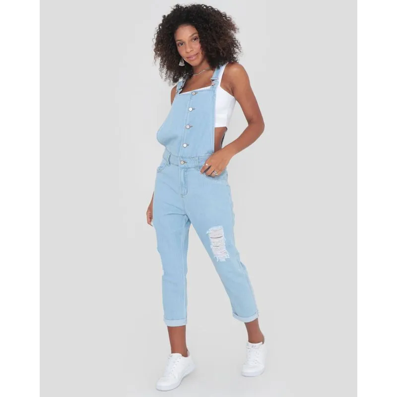 Macacão Jeans Feminino Destroyed Com Botões Azul Claro 38