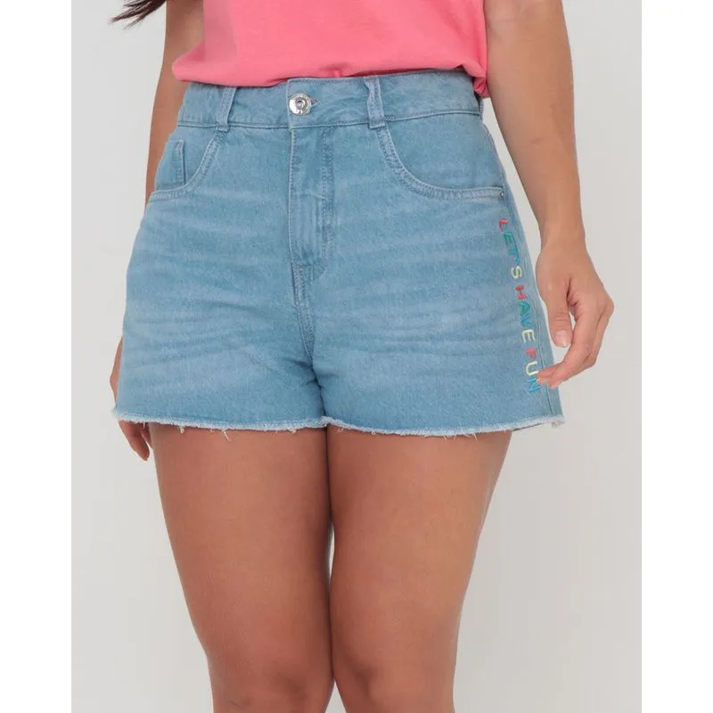 Short Jeans Feminino Bordado Azul Claro 40
