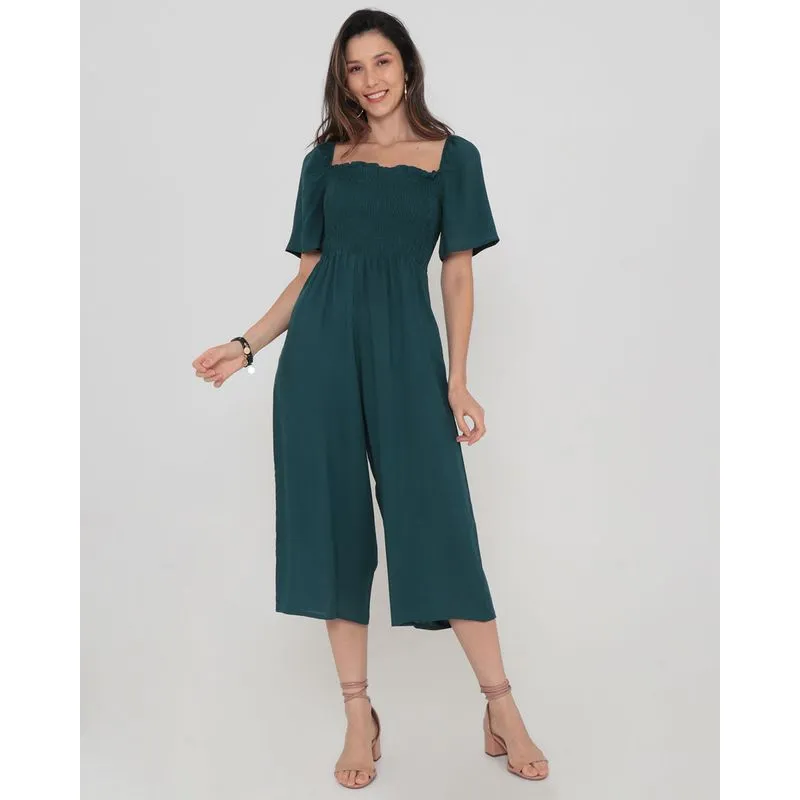 Macacão Pantacourt Liso Com Lastex Verde Escuro M