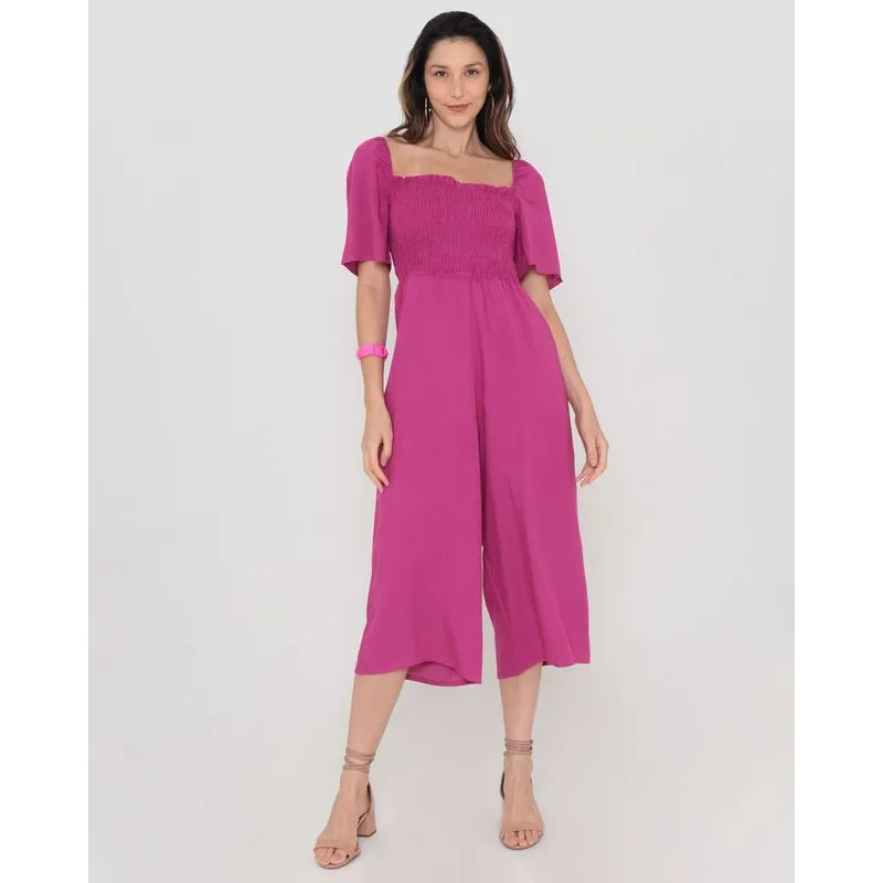 Macacão Pantacourt Liso Com Lastex Rosa P