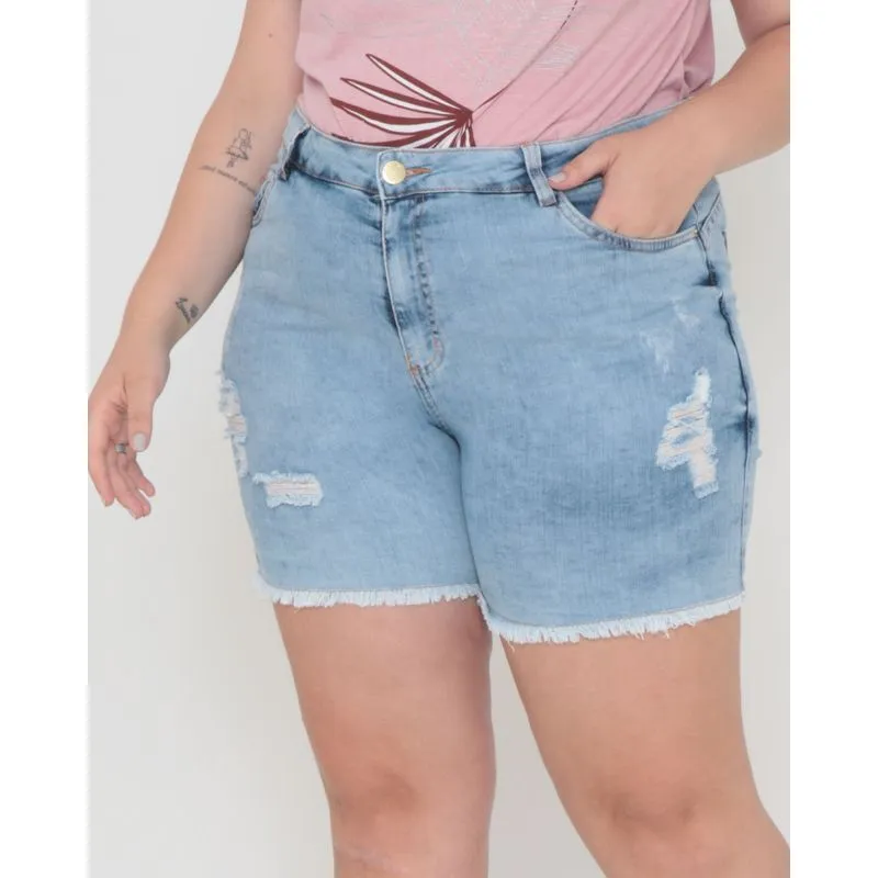 Short Jeans Plus Size Destroyed Azul Claro 46