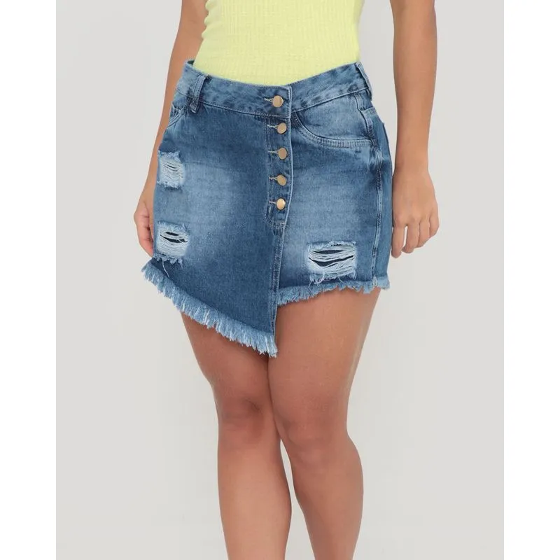 Short Saia Jeans Destroyed Azul 40