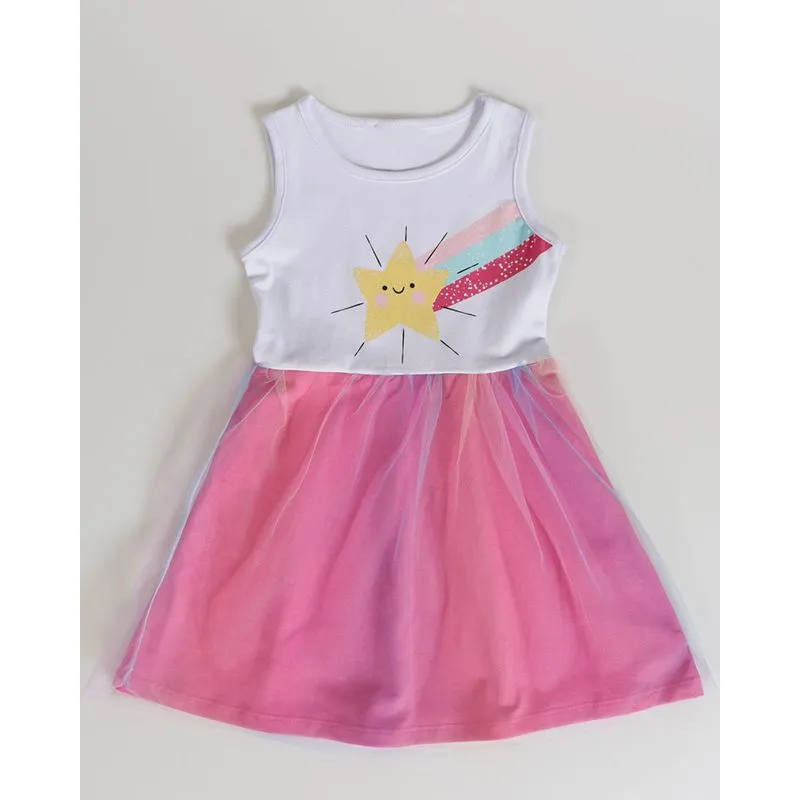Vestido Bebê Estrela Tule Branco e Rosa 3