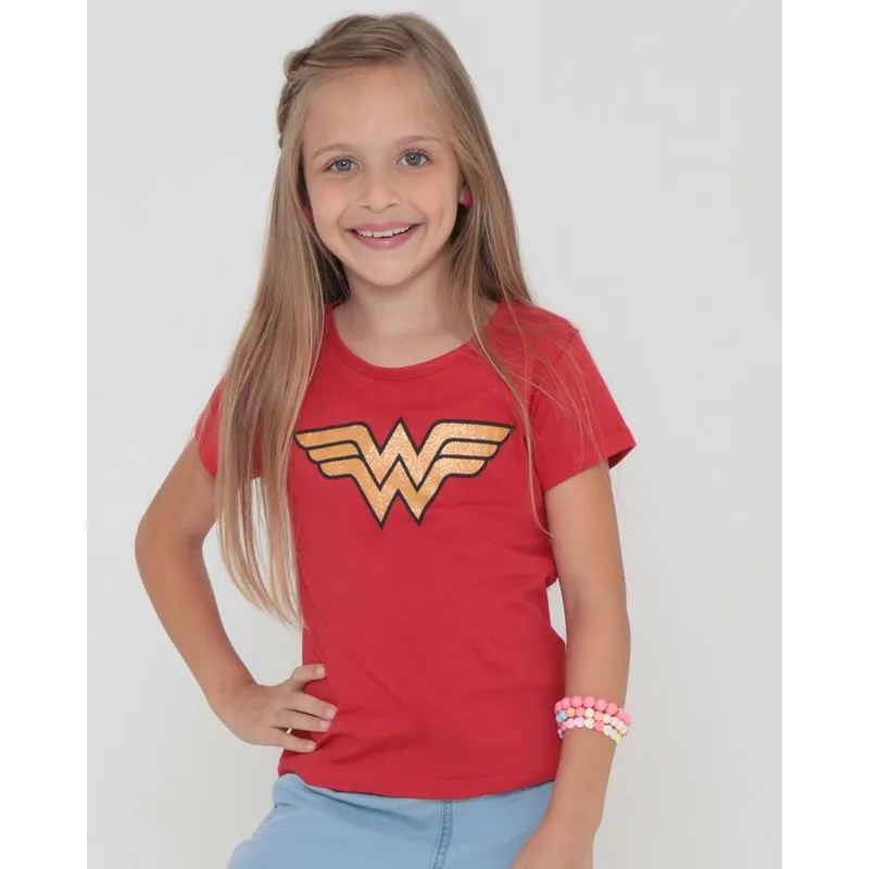 Blusa Infantil Mulher Maravilha Brilho Liga da Justiça Vermelha 4