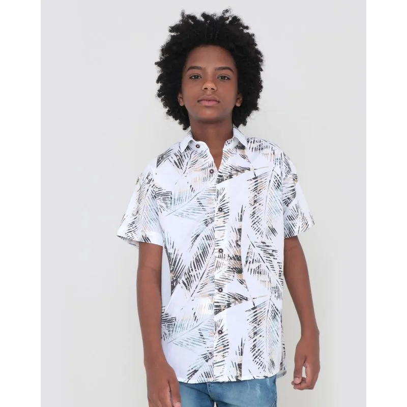 Camisa Juvenil Tropical Estampa Folhas Branca 12