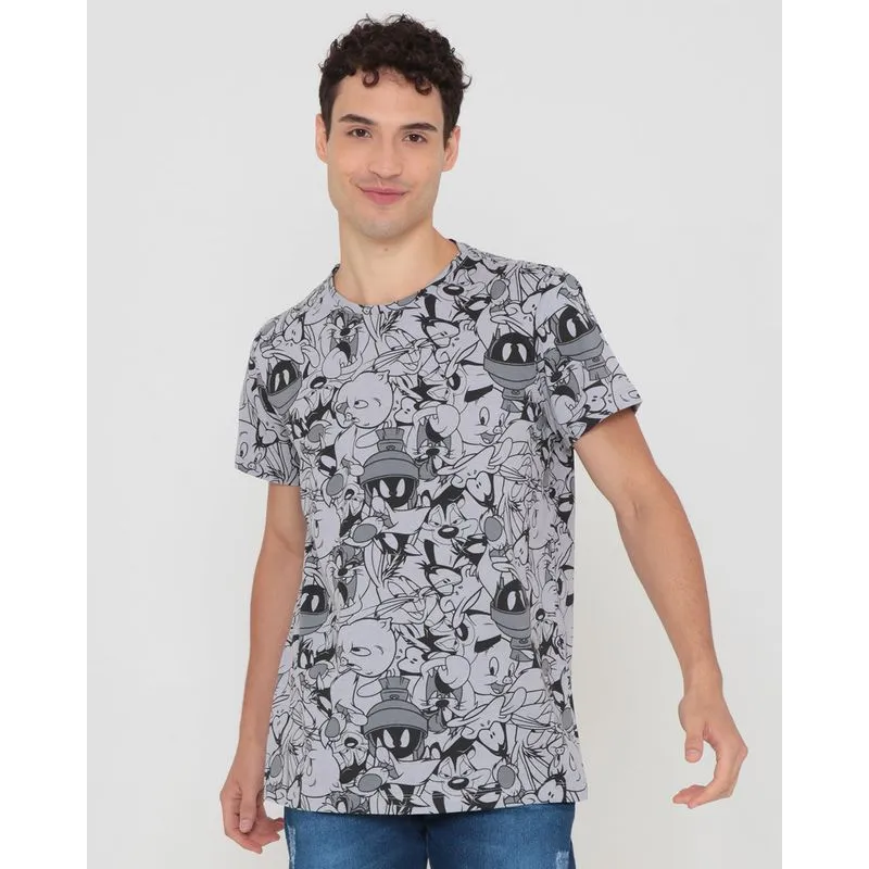 Camiseta Masculina Estampada Looney Tunes Cinza M