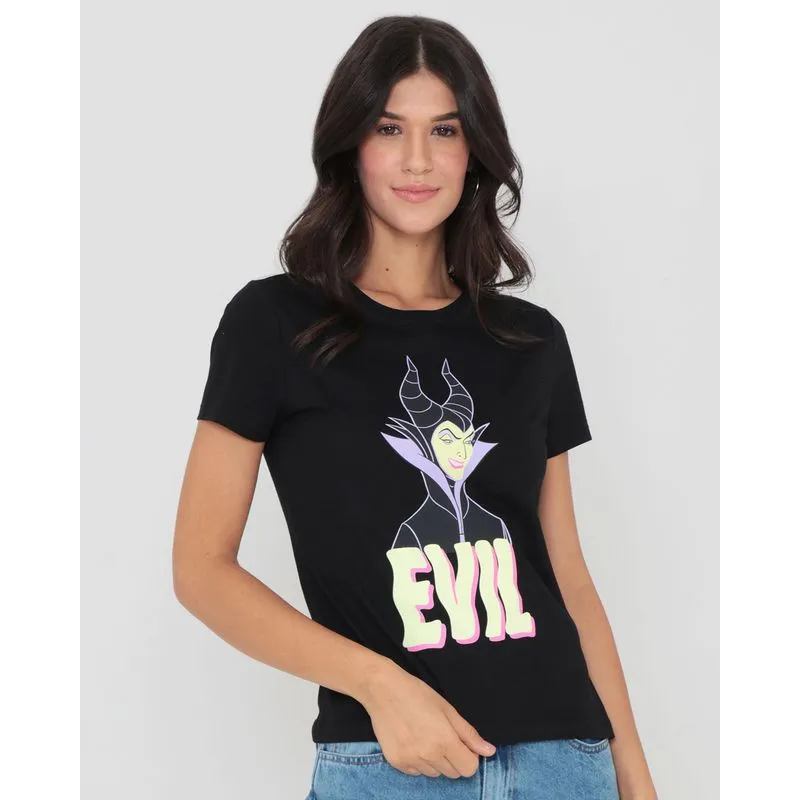Camiseta Feminina Algodão Disney Malévola Manga Curta Preta G