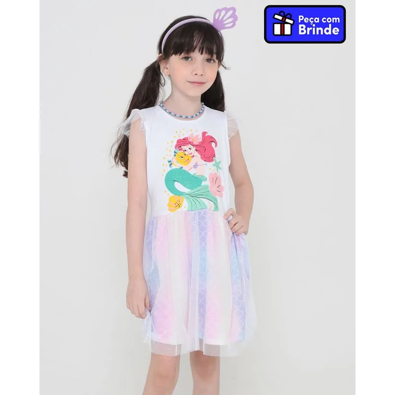 Vestido Infantil Tule Com Brinde Tiara Ariel Disney Branco 8