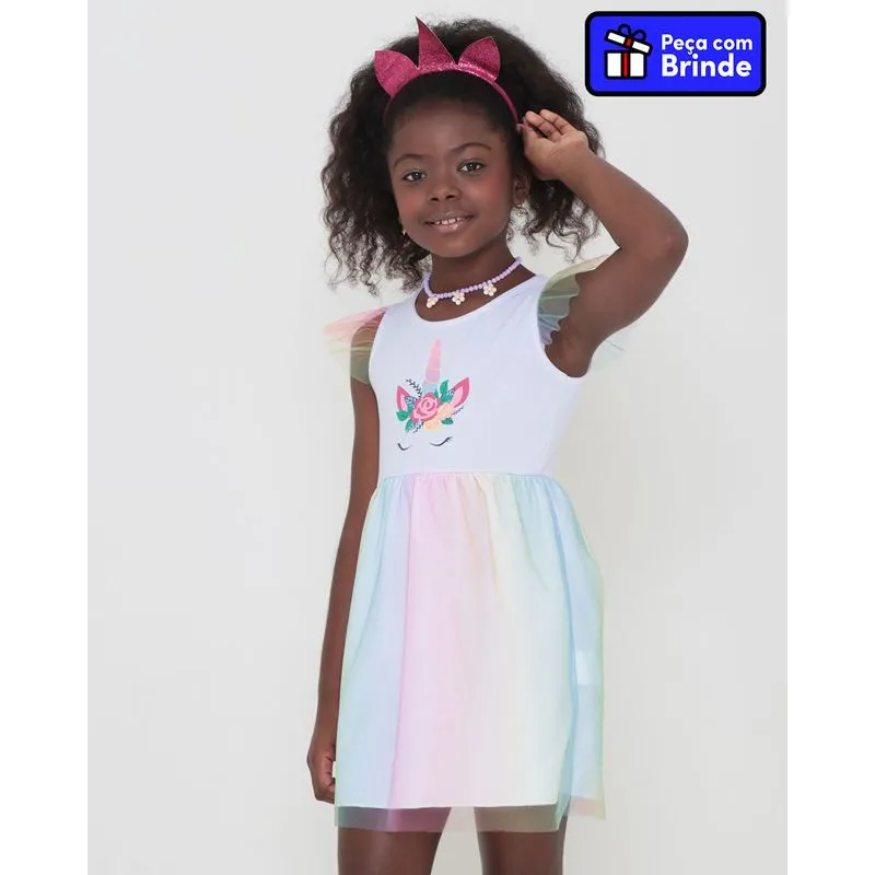 Vestido Infantil Tule Unicórnio Com Brinde Tiara Branco 8