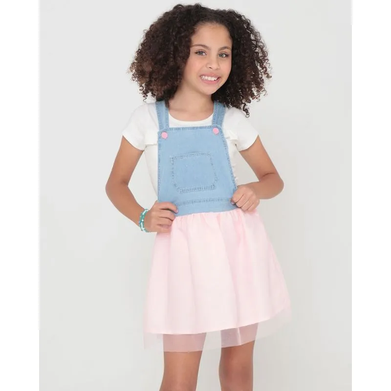 Jardineira Jeans Infantil Com Tule Azul e Rosa 8