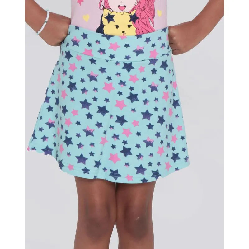 Short Saia Juvenil Malha Estampado Estrelas Verde Claro 14