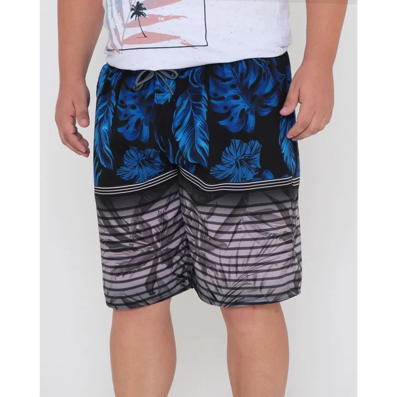 Bermuda Plus Size Masculina Surf Estampa Folhas Azul G4