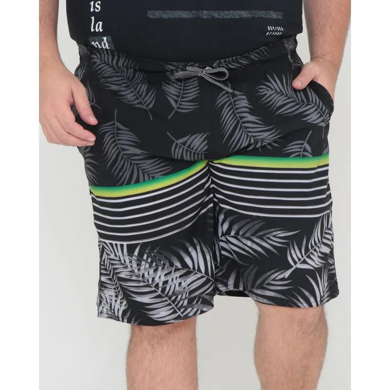 Bermuda Masculina Plus Size Surf Estampa Folhas Preta G2