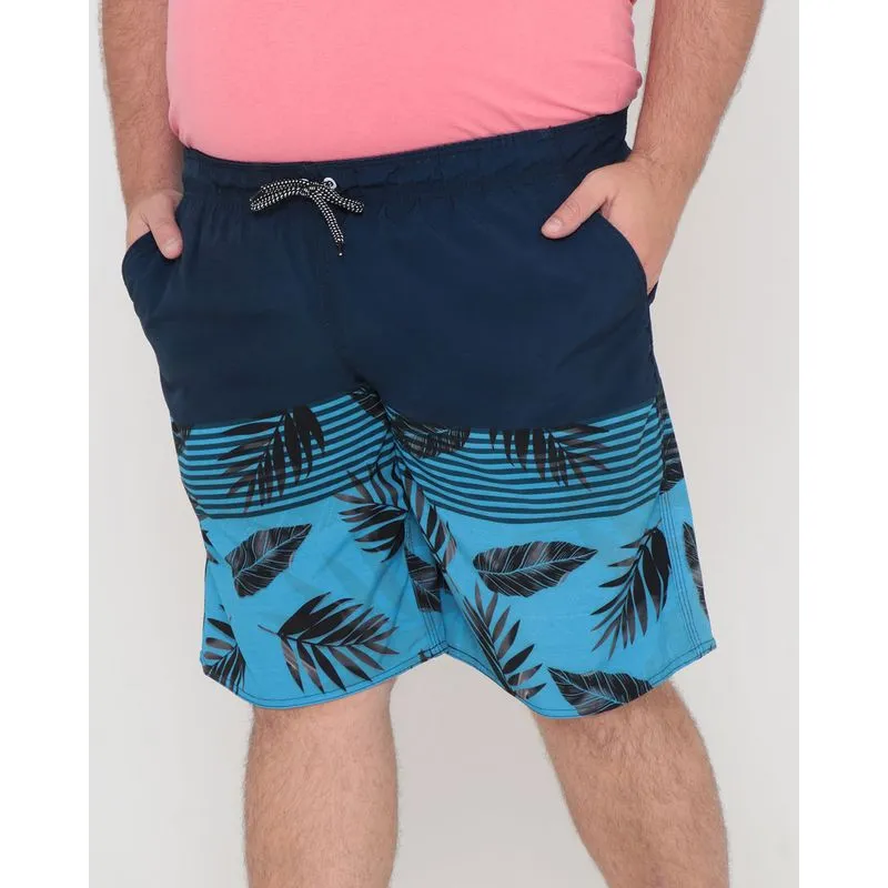 Bermuda Masculina Plus Size Estampa Folhas Azul Marinho G1