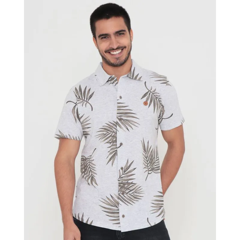 Camisa Masculina Estampa Folhas Cinza Claro M