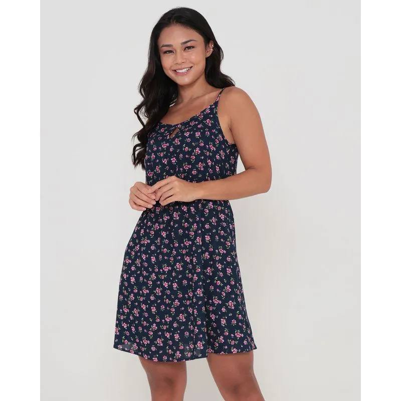 Vestido Alcinha Curto Estampa Floral Azul Marinho M
