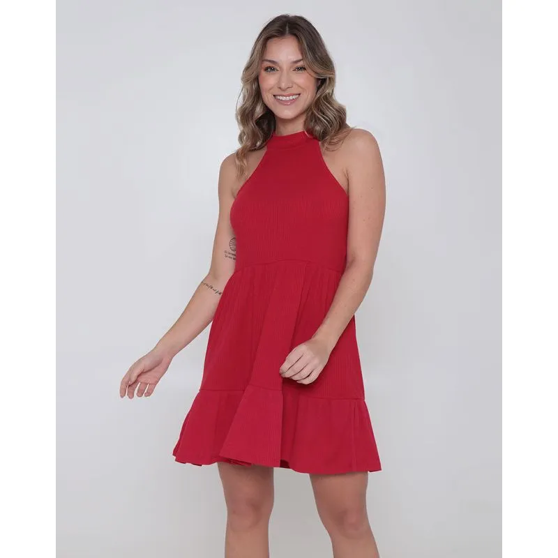 Vestido Feminino Canelado Decote Halter Neck Vermelho G