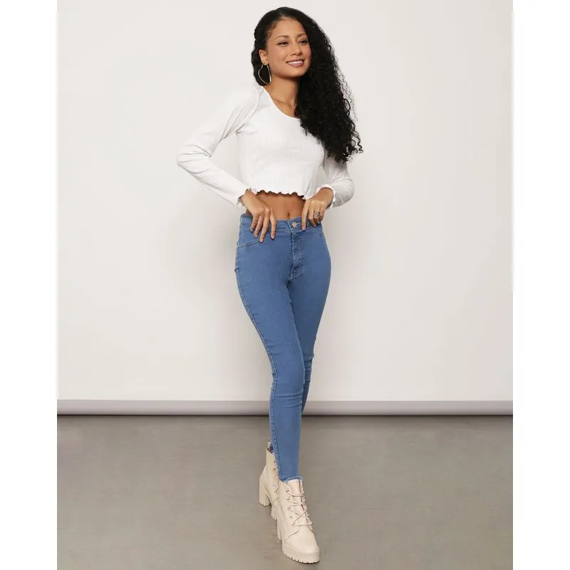 Calça Jeans Feminina Cigarrete Cintura Alta Desfiada Azul 13121000478045UN