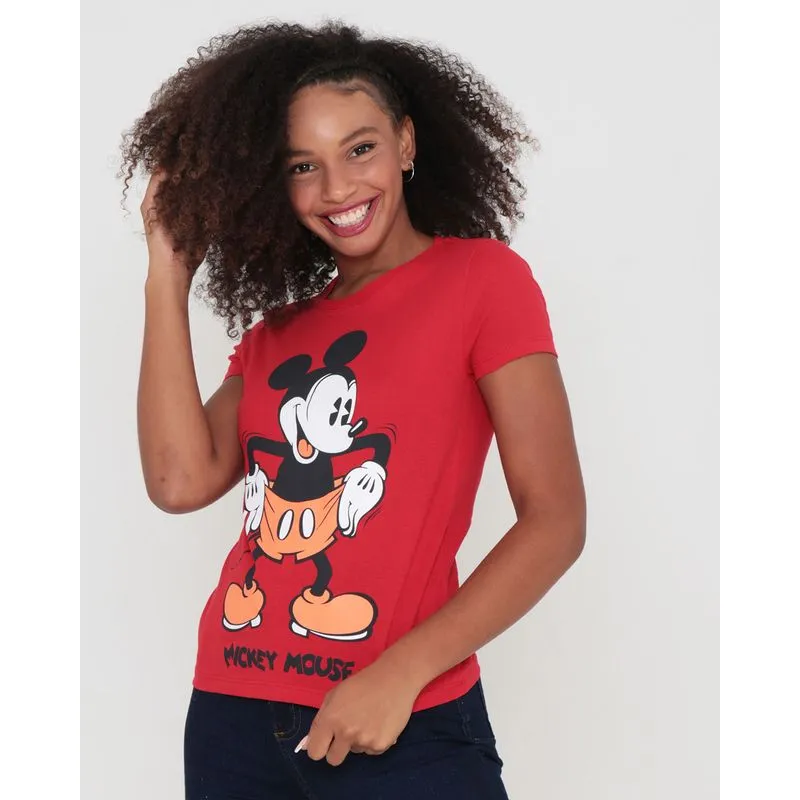 Camiseta Feminina Algodão Disney Mickey Manga Curta Vermelha P