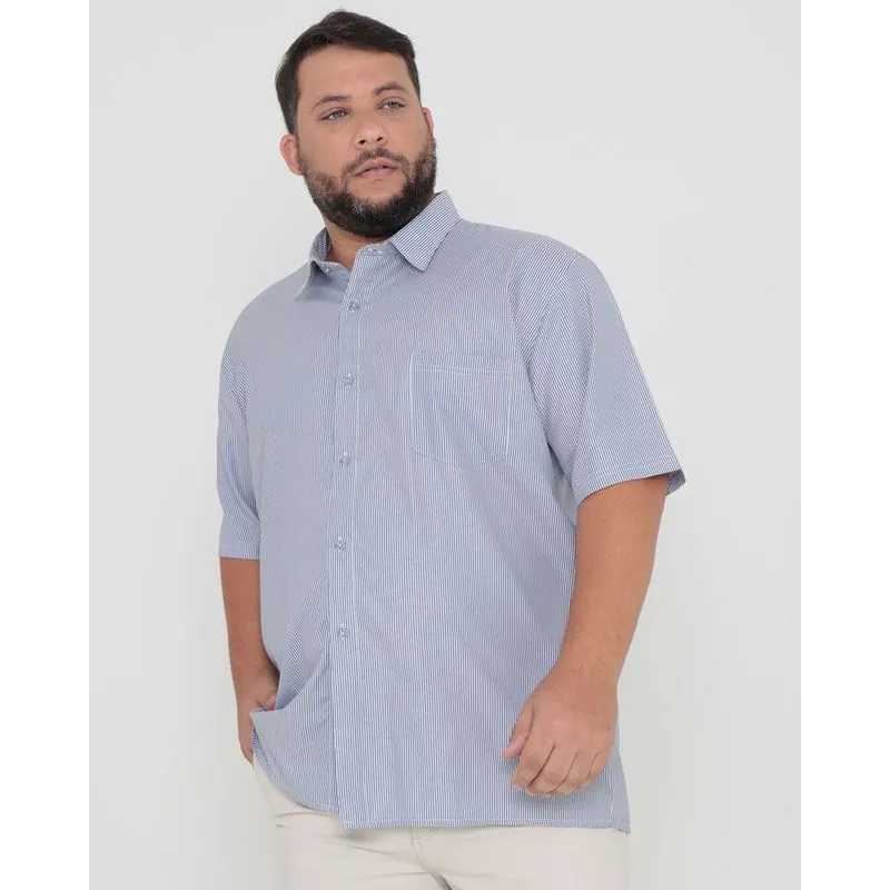Camisa Social Plus Size Manga Curta Listras Branca 6