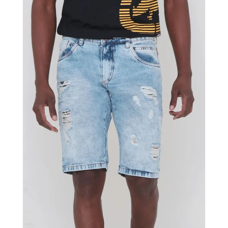 Bermuda Jeans Masculina Destroyed Azul Claro 42
