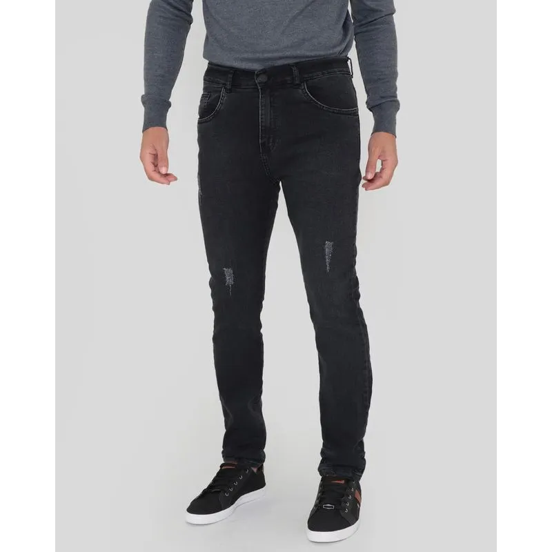 Calça Jeans Masculina Slim Com Puídos Preta 42