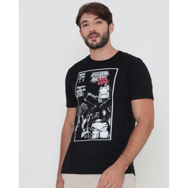 Camiseta Masculina Algodão Marvel Homem de Ferro Preta GG