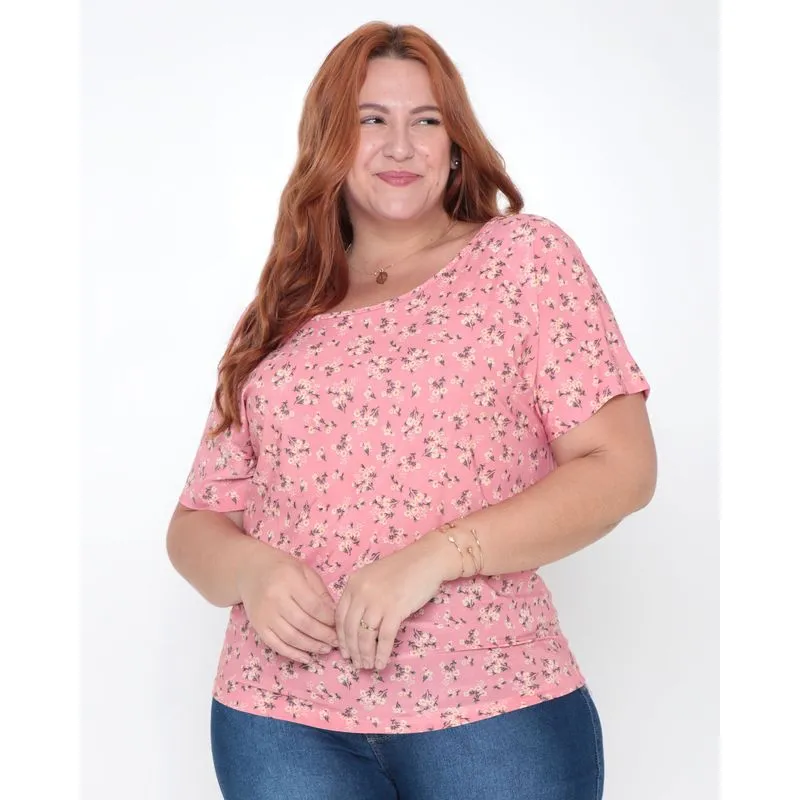 Blusa Plus Size Malha Estampada Floral Rosa G3