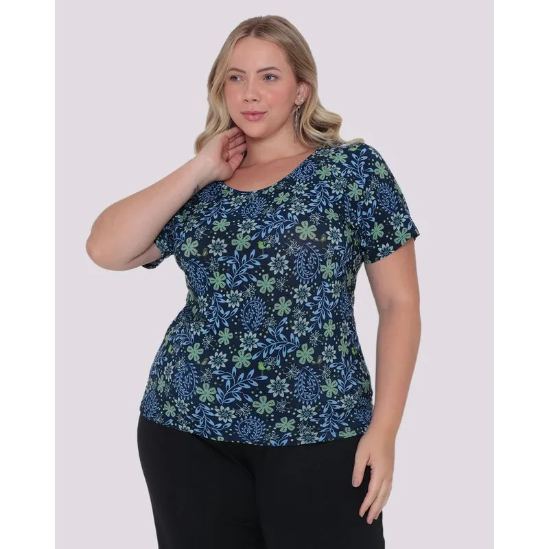 Blusa Plus Size Malha Estampada Floral Marinho G2