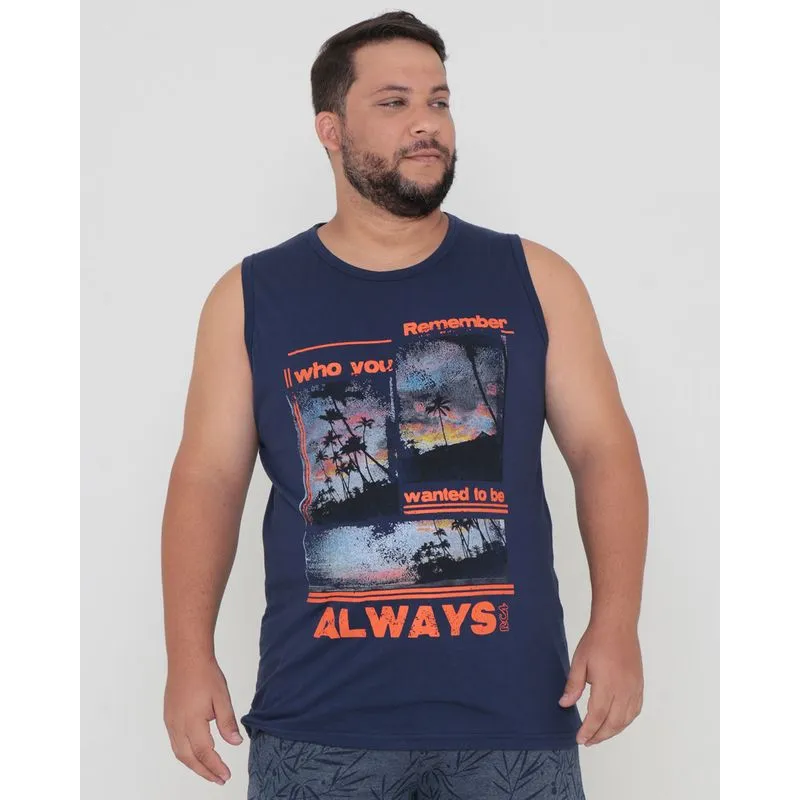 Regata Plus Size Estampa Tropical Azul Marinho G1