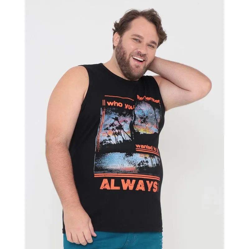 Regata Masculina Plus Size Estampa Tropical Preta G1