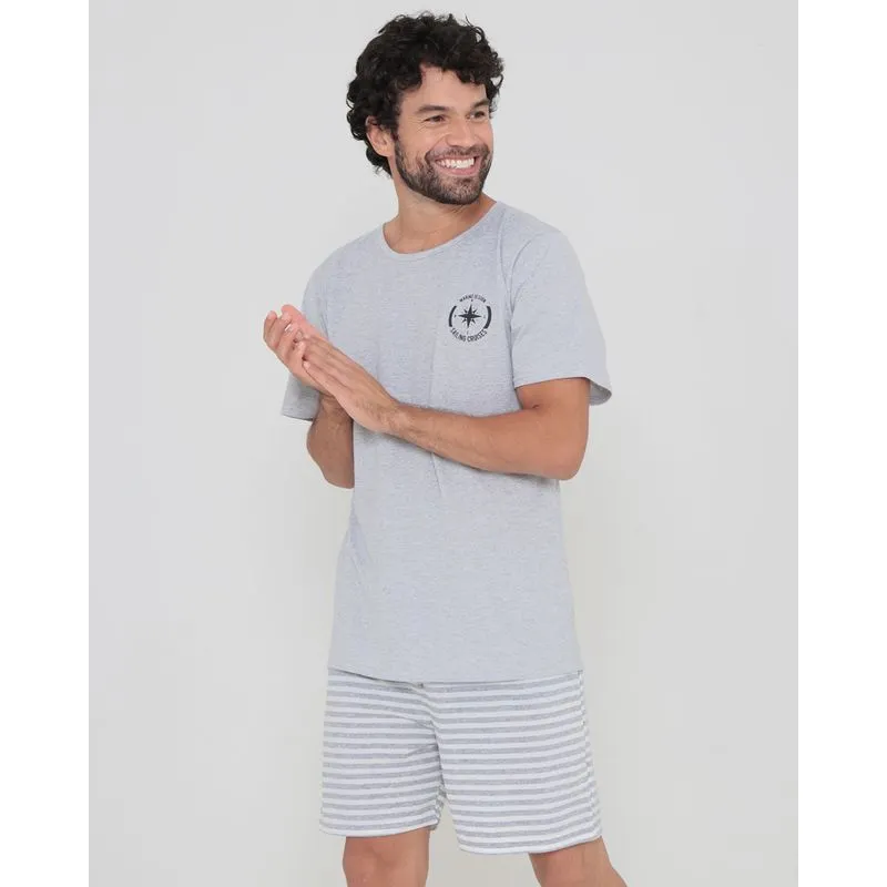 Pijama Masculino Curto Short Listrado Cinza Claro GG