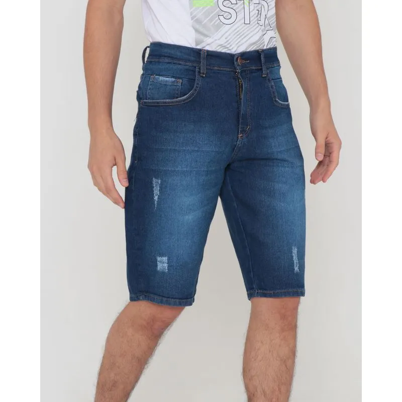 Bermuda Jeans Masculina Com Puídos Azul 40