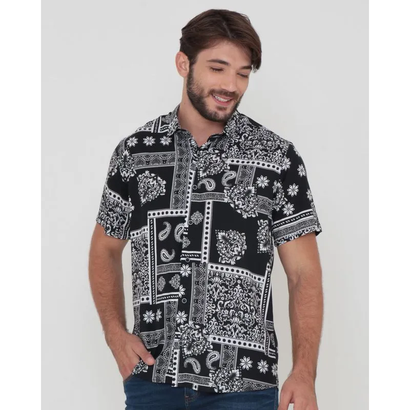 Camisa Masculina Manga Curta Estampa Paisley Preta 5