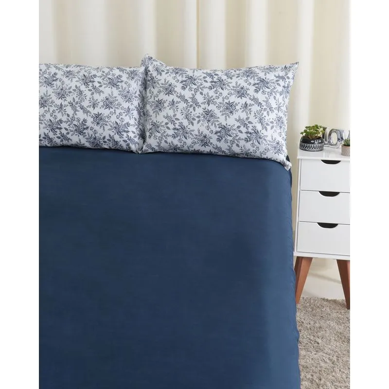 Jogo De Cama Casal 3 Peças Floral Azul Marinho UN