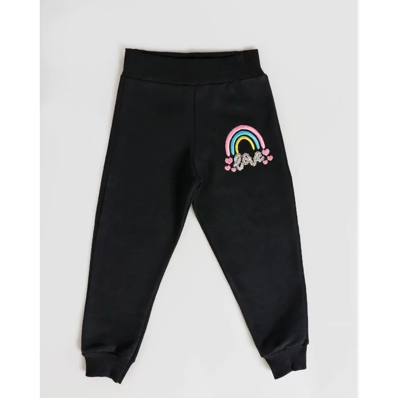 Calça Moletom Bebê Bordado Arco - Íris Com Paetê Preta 1