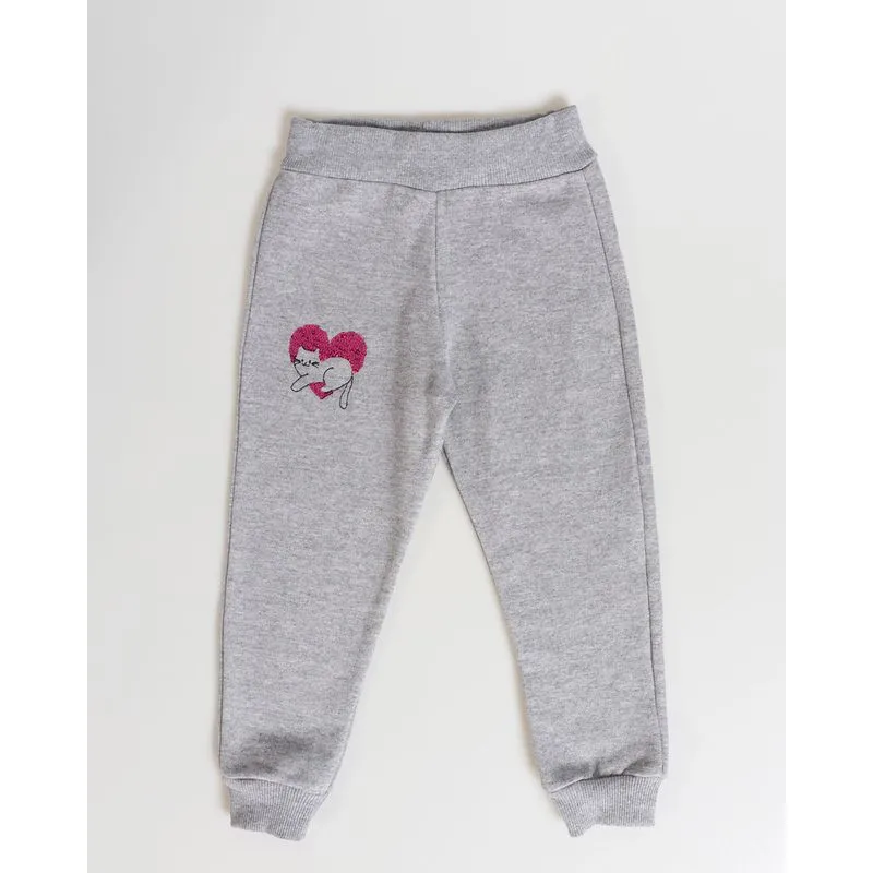 Calça Moletom Bebê Bordado Gatinho Com Paetê Cinza Claro 2