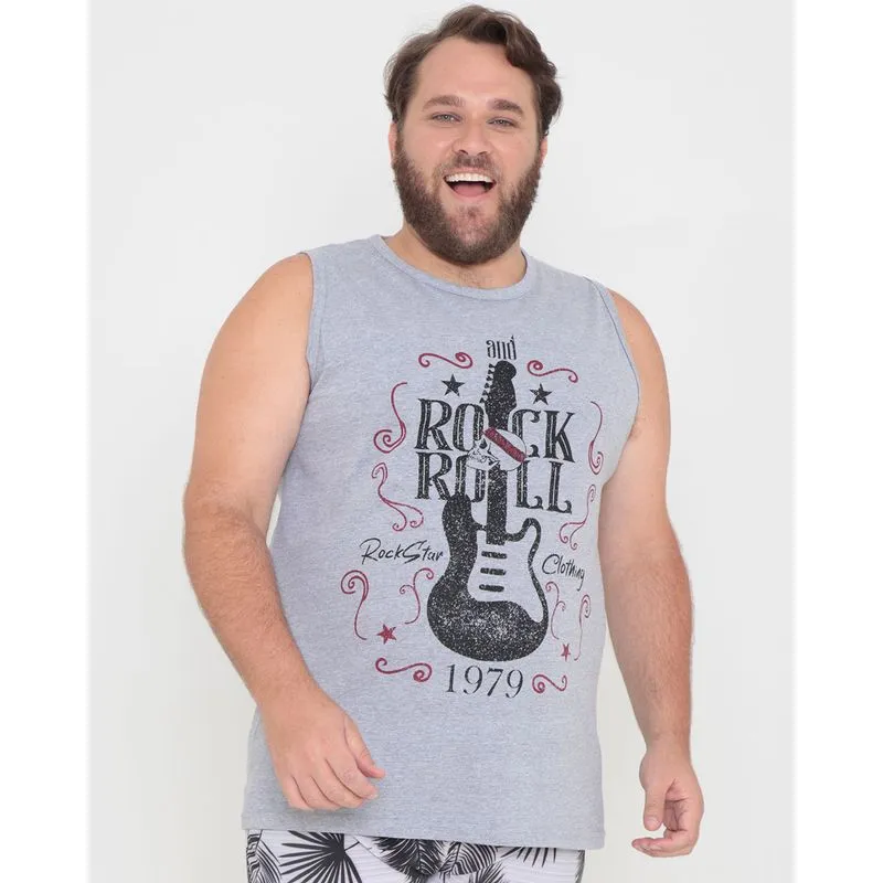 Regata Masculina Plus Size Estampa Rock Cinza Claro G1